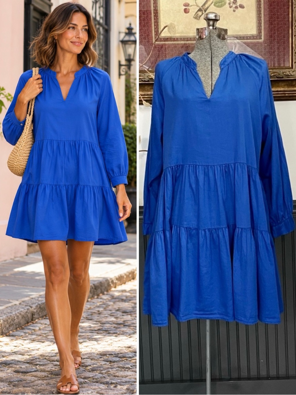 Félicité Blue Cotton Tiered Mini Dress Long Sleeve V-Neck Sz 2🧡🎀